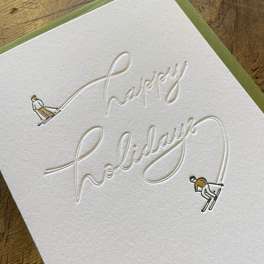 Happy Holidays Skiers Letterpress Card