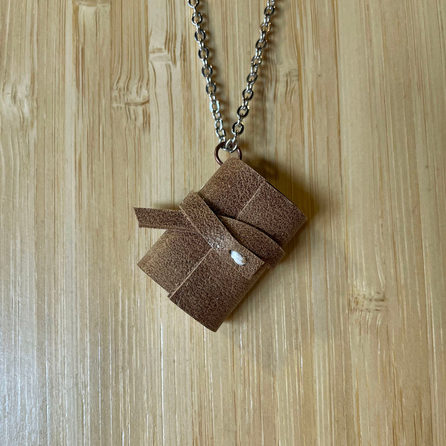 Miniature Book Necklace Brown Leather