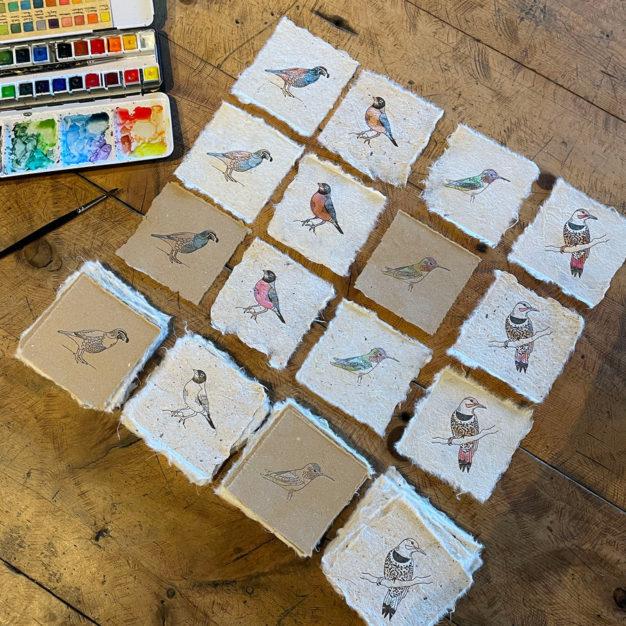 Bird Letterpress Prints on Handmade Paper with Watercolor