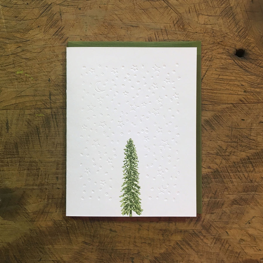 Conifer Tree Letterpress Holiday Cards - Stars & Snow