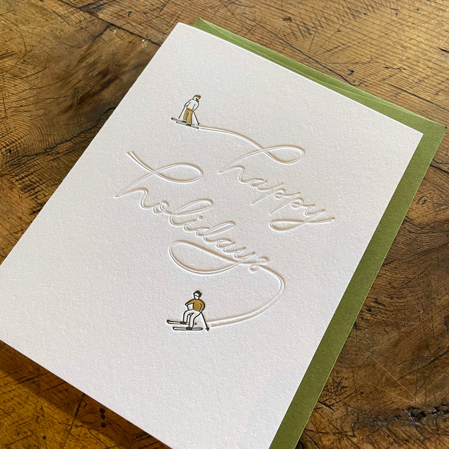 Happy Holidays Skiers Letterpress Cards