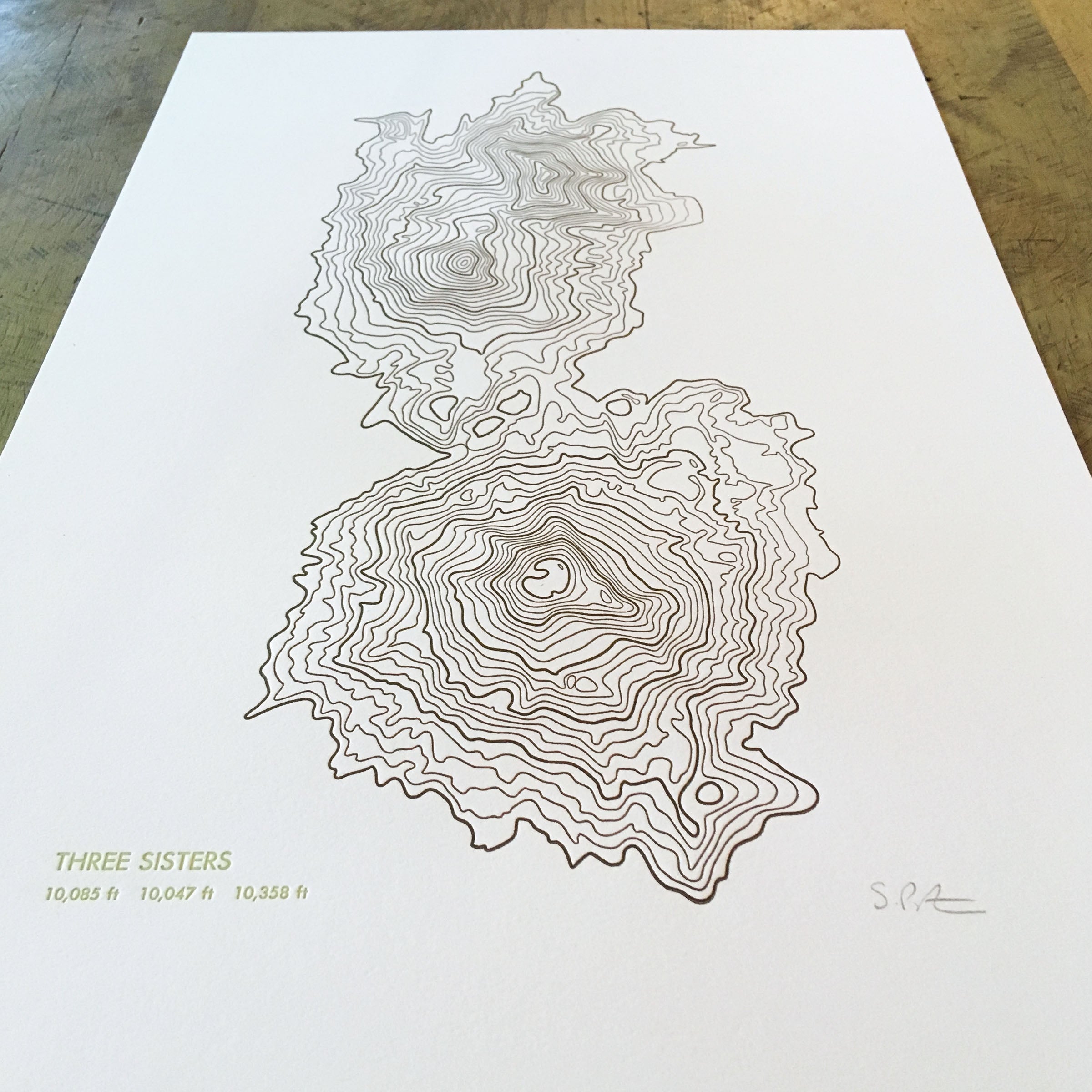 Three Sisters Topographic Map Letterpress Print – Green Bird Press