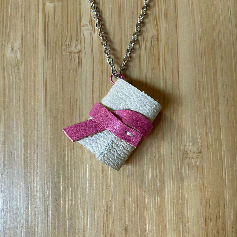 Miniature Book Necklace White Leather
