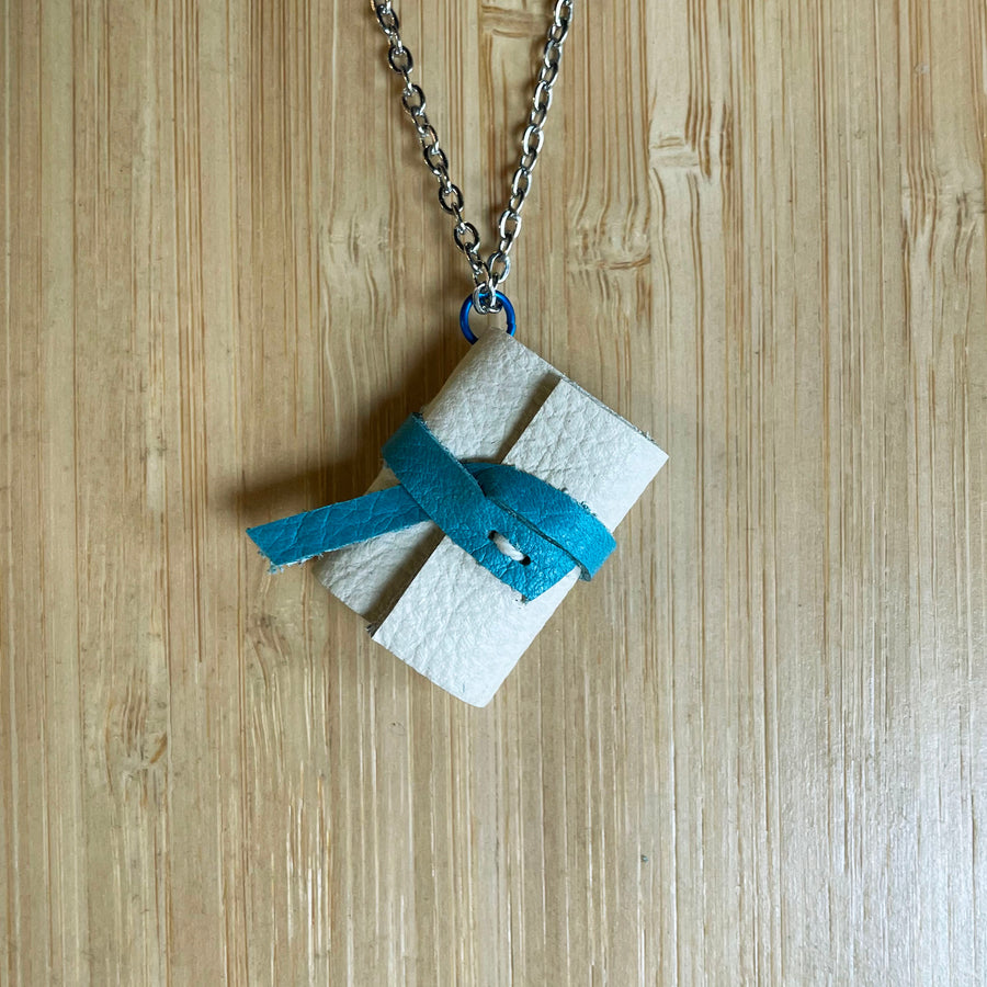 Miniature Book Necklace White Leather
